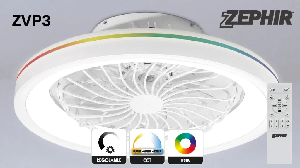 Ventilatore Plafoniera LED Zephir ZVP3 RGB+CCT 40W Dimmerabile con Telecomando, Motore DC e Funzione Reverse - Image 3