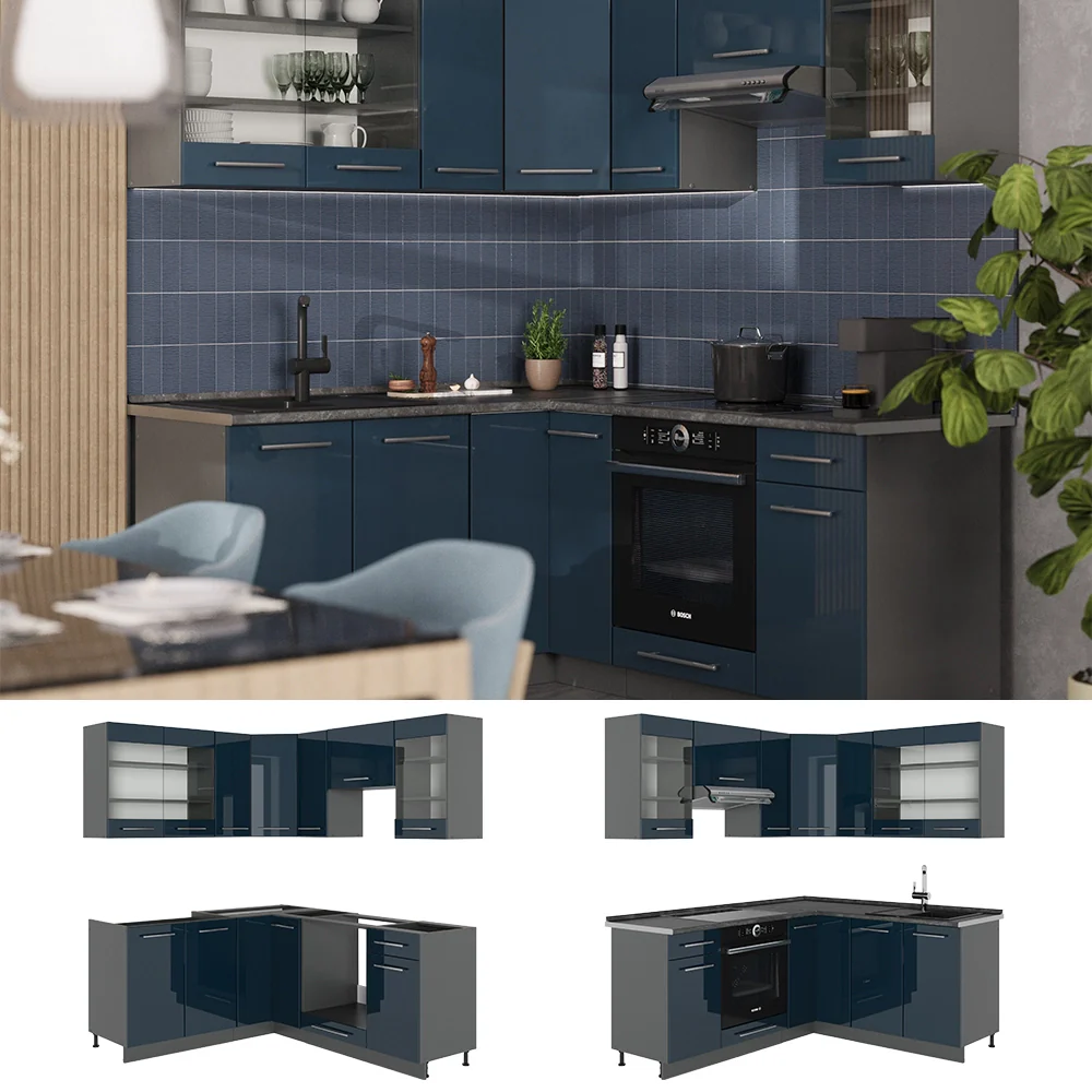 Cucina ad angolo Fame-Line Blu scuro lucido/Antracite 190 x 60 cm, PL Rovere Vicco - Image 2