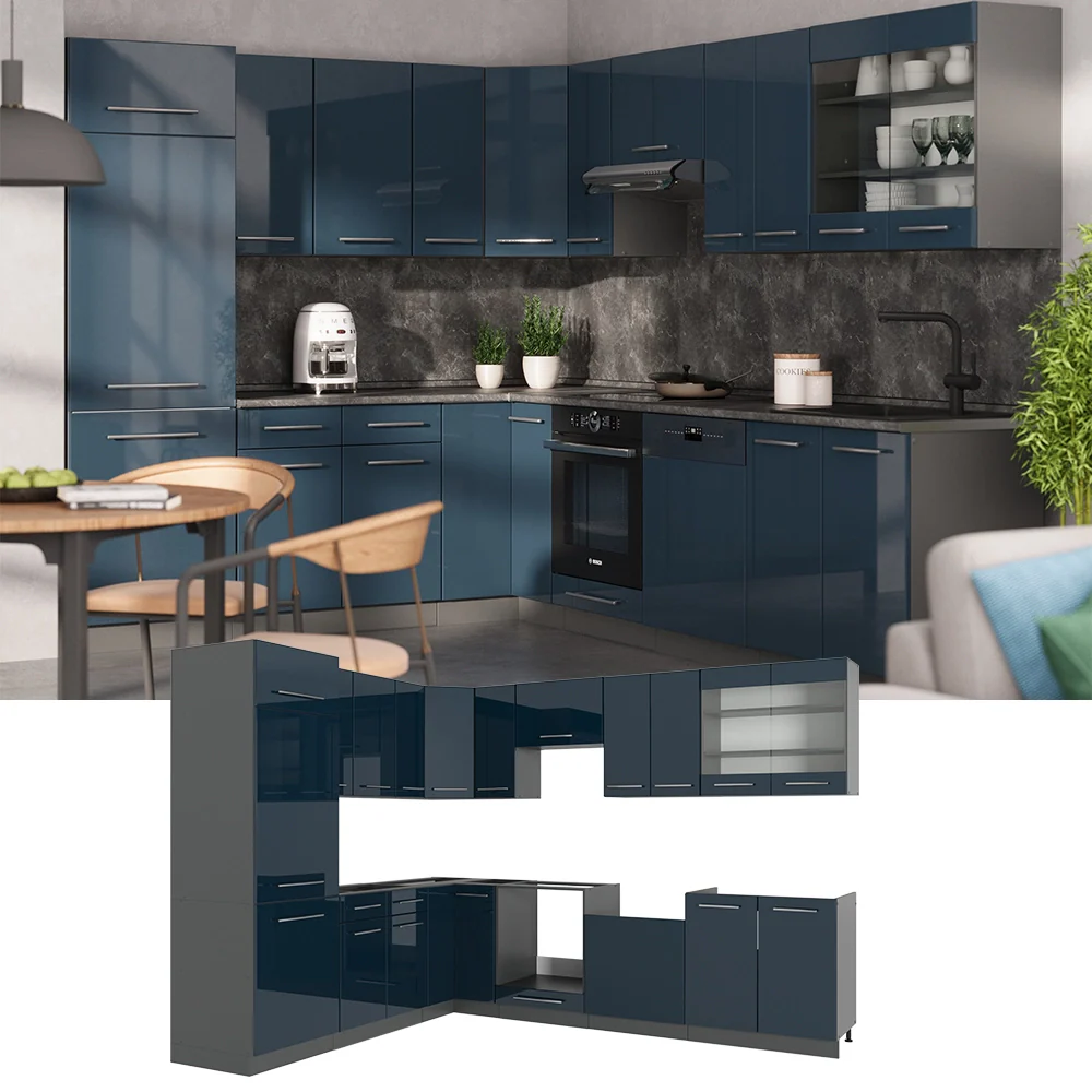Cucina ad angolo Fame-Line Blu scuro lucido/Antracite 287 x 46 cm senza piano di lavoro Vicco - Image 2