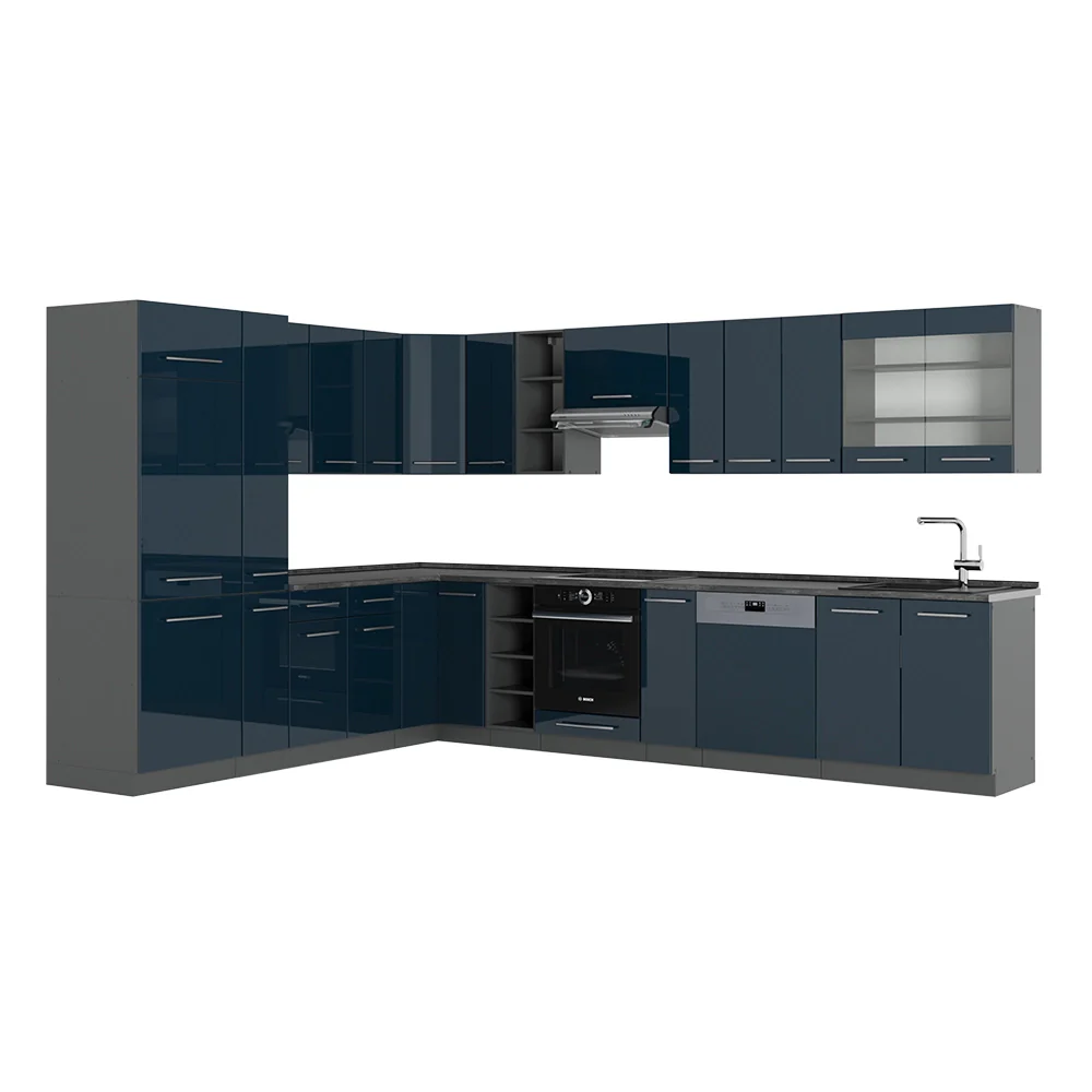 Cucina ad angolo Fame-Line Blu scuro lucido/Antracite 347 x 46 cm senza piano di lavoro Vicco