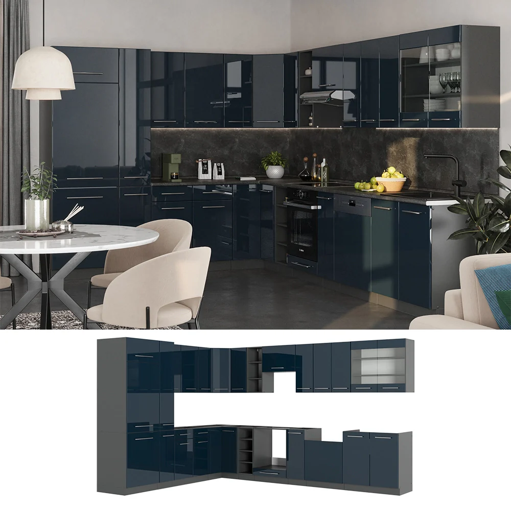 Cucina ad angolo Fame-Line Blu scuro lucido/Antracite 347 x 46 cm senza piano di lavoro Vicco - Image 2