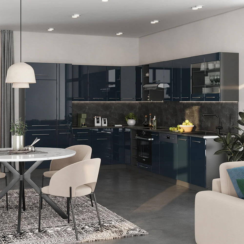 Cucina ad angolo Fame-Line Blu scuro lucido/Antracite 347 x 46 cm senza piano di lavoro Vicco - Image 4