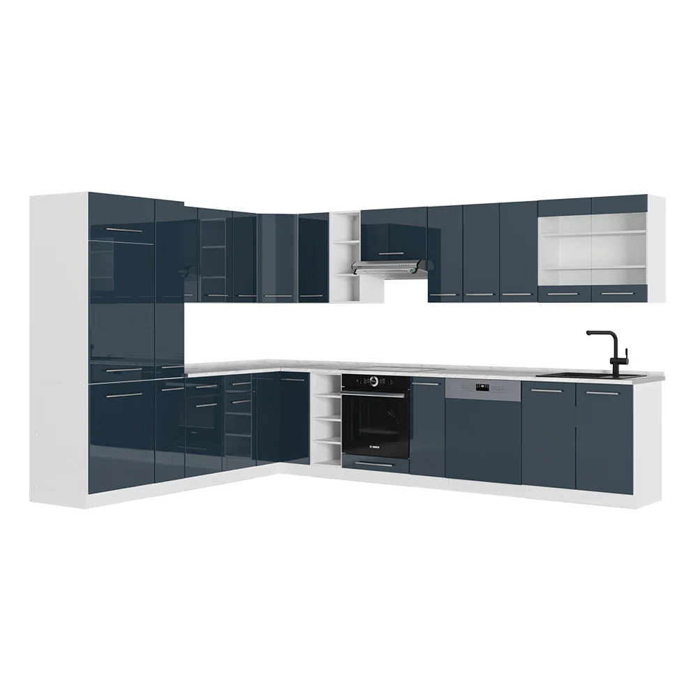 Cucina ad angolo Fame-Line Blu scuro lucido/Bianco 347 x 46 cm senza piano di lavoro Vicco