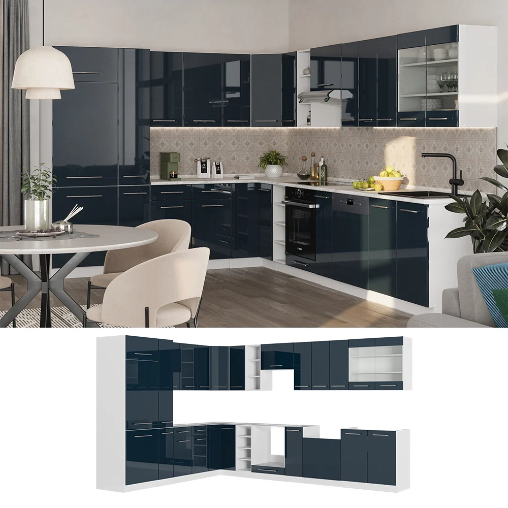 Cucina ad angolo Fame-Line Blu scuro lucido/Bianco 347 x 46 cm senza piano di lavoro Vicco - Image 2