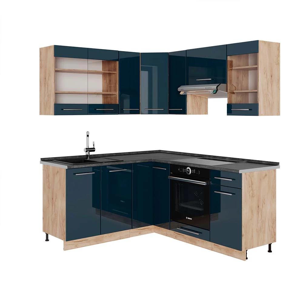 Cucina ad angolo Fame-Line Blu scuro lucido/Rovere dorato 190 x 60 cm, PL Antracite Vicco