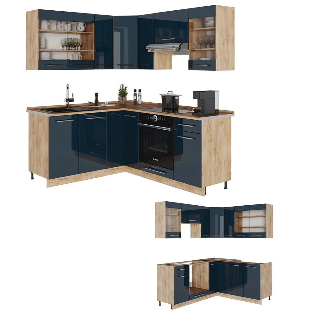 Cucina ad angolo Fame-Line Blu scuro lucido/Rovere dorato 190 x 60 cm, PL Antracite Vicco - Image 6