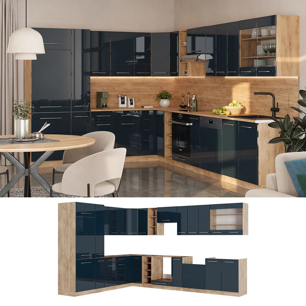 Cucina ad angolo Fame-Line Blu scuro lucido/Rovere dorato 347 x 46 cm senza piano di lavoro Vicco - Image 2