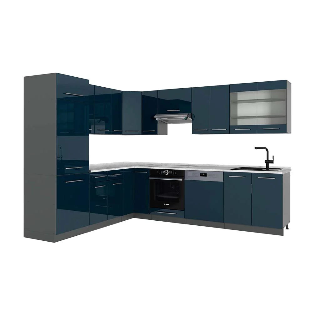 Cucina angolare completa Fame-Line Blu scuro lucido/Antracite 287 x 60 cm, PL Marmo Vicco