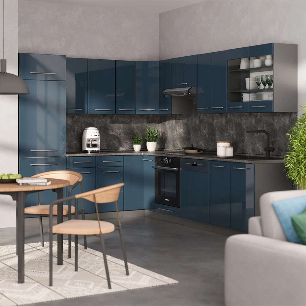 Cucina angolare completa Fame-Line Blu scuro lucido/Antracite 287 x 60 cm, PL Marmo Vicco - Image 4