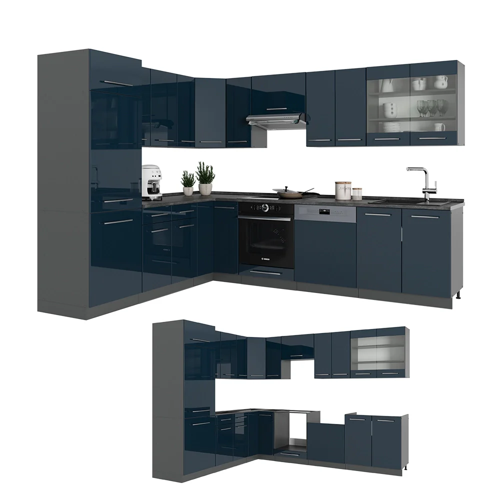 Cucina angolare completa Fame-Line Blu scuro lucido/Antracite 287 x 60 cm, PL Marmo Vicco - Image 6