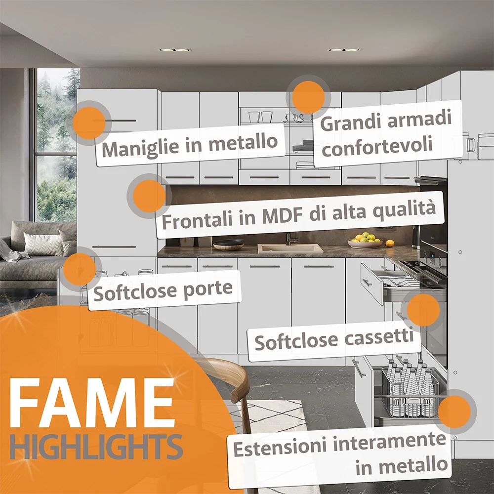 Cucina angolare completa Fame-Line Blu scuro lucido/Antracite 287 x 60 cm, PL Marmo Vicco - Image 9