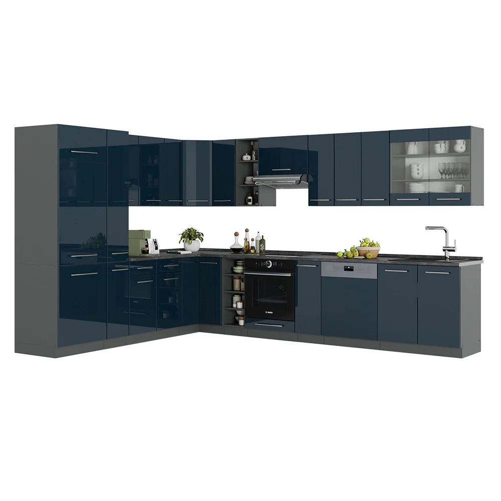 Cucina angolare completa Fame-Line Blu scuro lucido/Antracite 347 x 60 cm, PL Marmo Vicco - Image 6