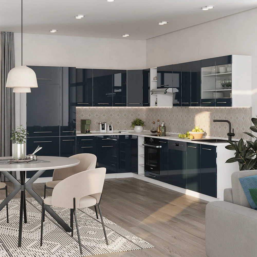 Cucina angolare completa Fame-Line Blu scuro lucido/Bianco 347 x 60 cm, PL Antracite Vicco - Image 4
