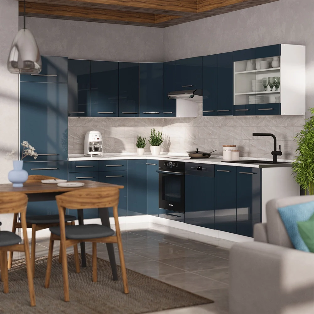 Cucina angolare completa Fame-Line Blu scuro lucido/Bianco 287 x 60 cm, PL Antracite Vicco - Image 4