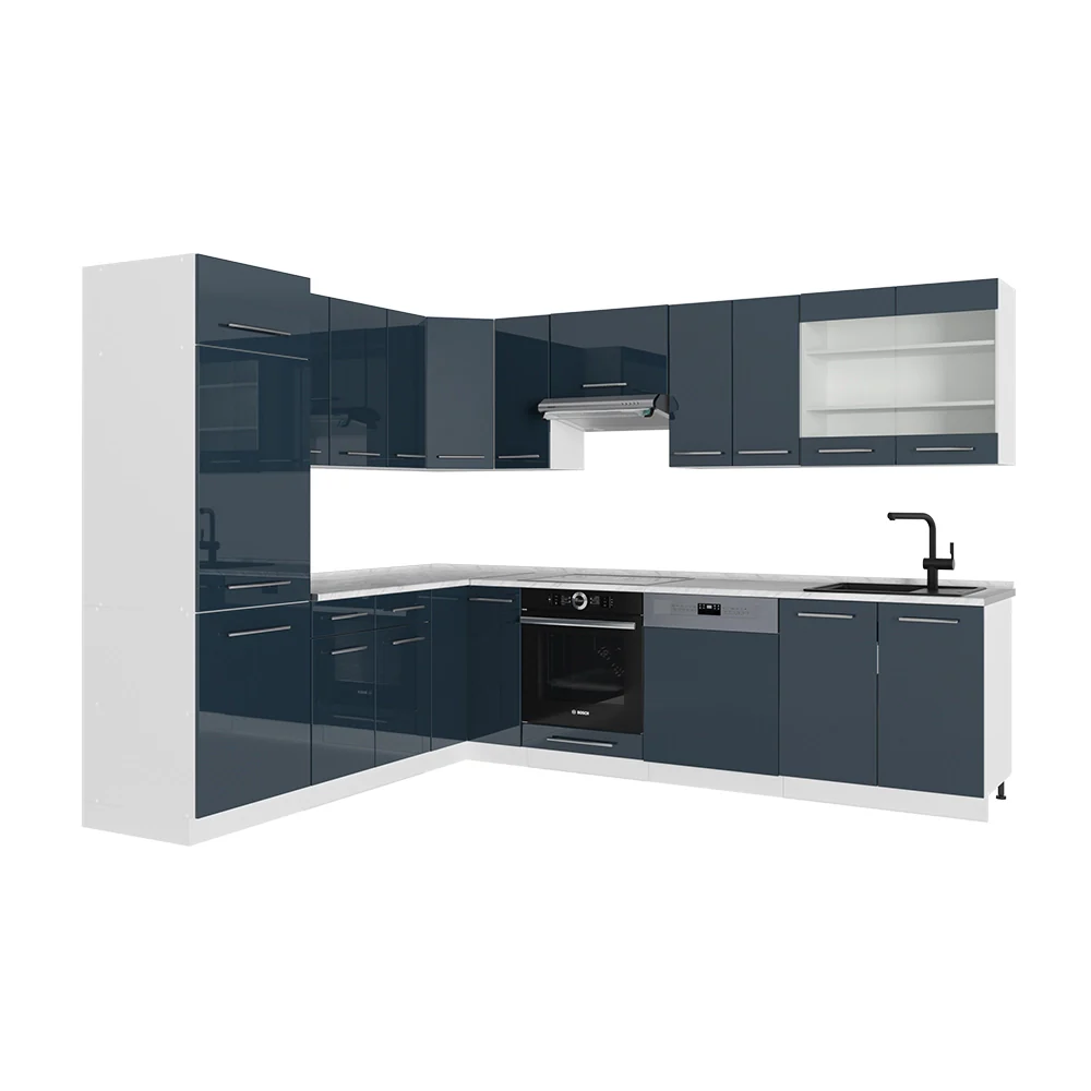 Cucina angolare completa Fame-Line Blu scuro lucido/Bianco 287 x 60 cm, PL Marmo Vicco