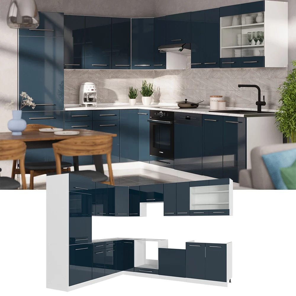 Cucina angolare completa Fame-Line Blu scuro lucido/Bianco 287 x 60 cm, PL Rovere Vicco - Image 2