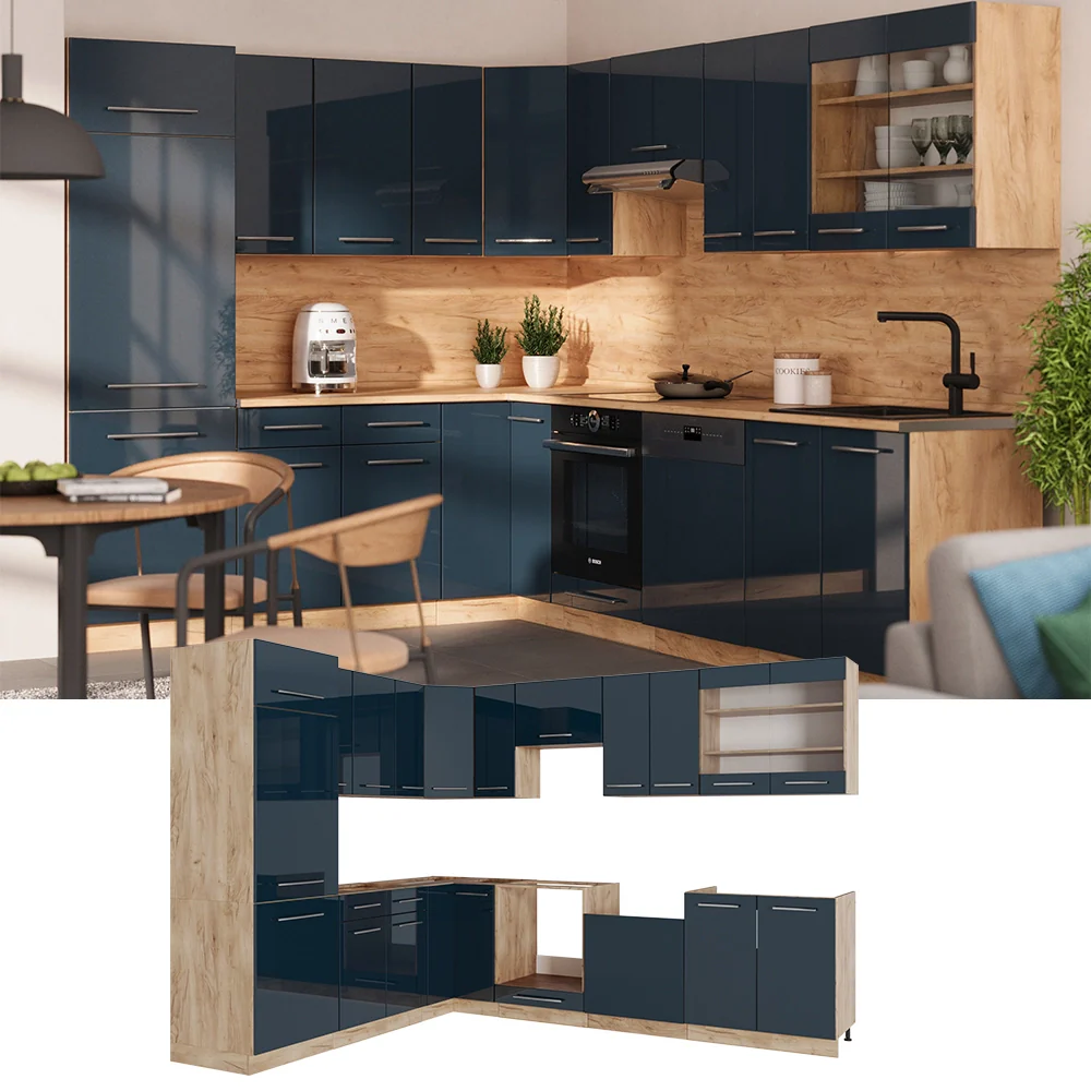 Cucina angolare completa Fame-Line Blu scuro lucido/Rovere dorato 227 x 60 cm, PL Antracite Vicco - Image 2