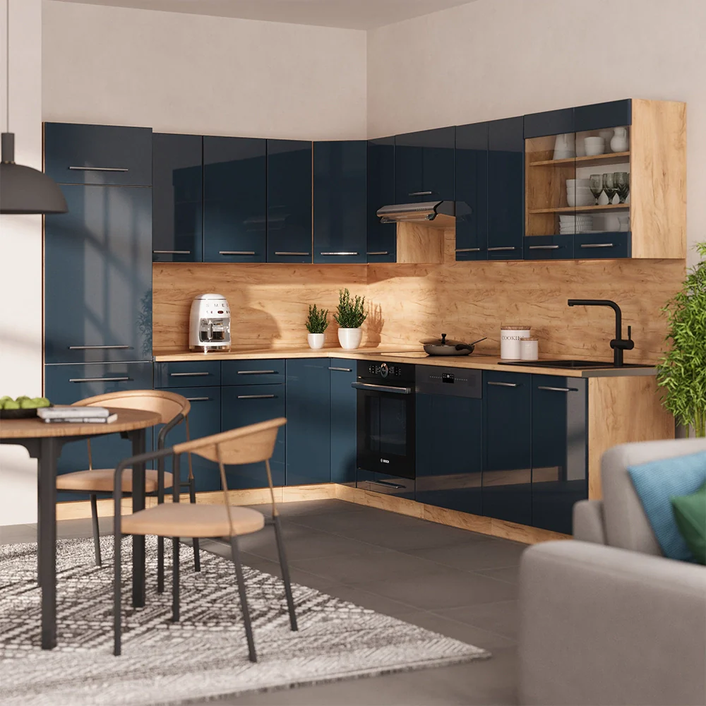 Cucina angolare completa Fame-Line Blu scuro lucido/Rovere dorato 227 x 60 cm, PL Marmo Vicco - Image 4