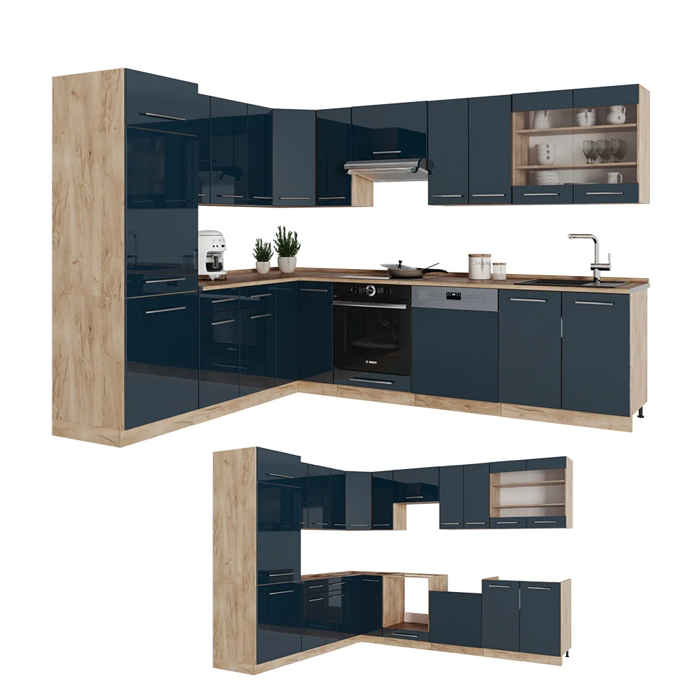Cucina angolare completa Fame-Line Blu scuro lucido/Rovere dorato 227 x 60 cm, PL Marmo Vicco - Image 6
