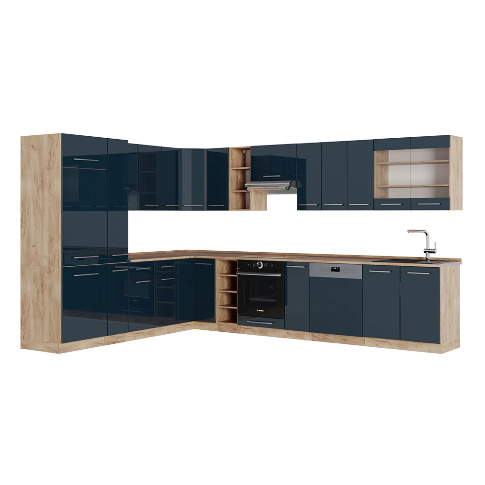 Cucina angolare completa Fame-Line Blu scuro lucido/Rovere dorato 347 x 60 cm, PL Rovere Vicco