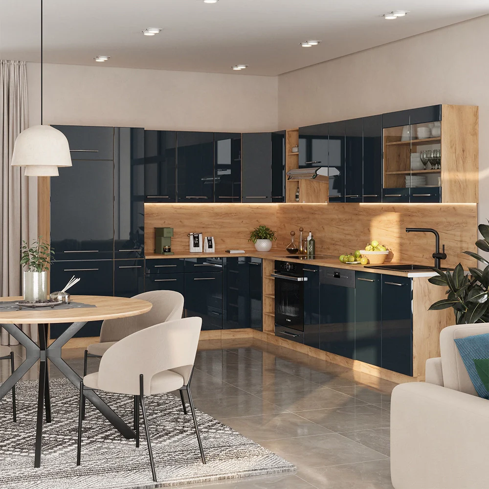 Cucina angolare completa Fame-Line Blu scuro lucido/Rovere dorato 347 x 60 cm, PL Rovere Vicco - Image 4