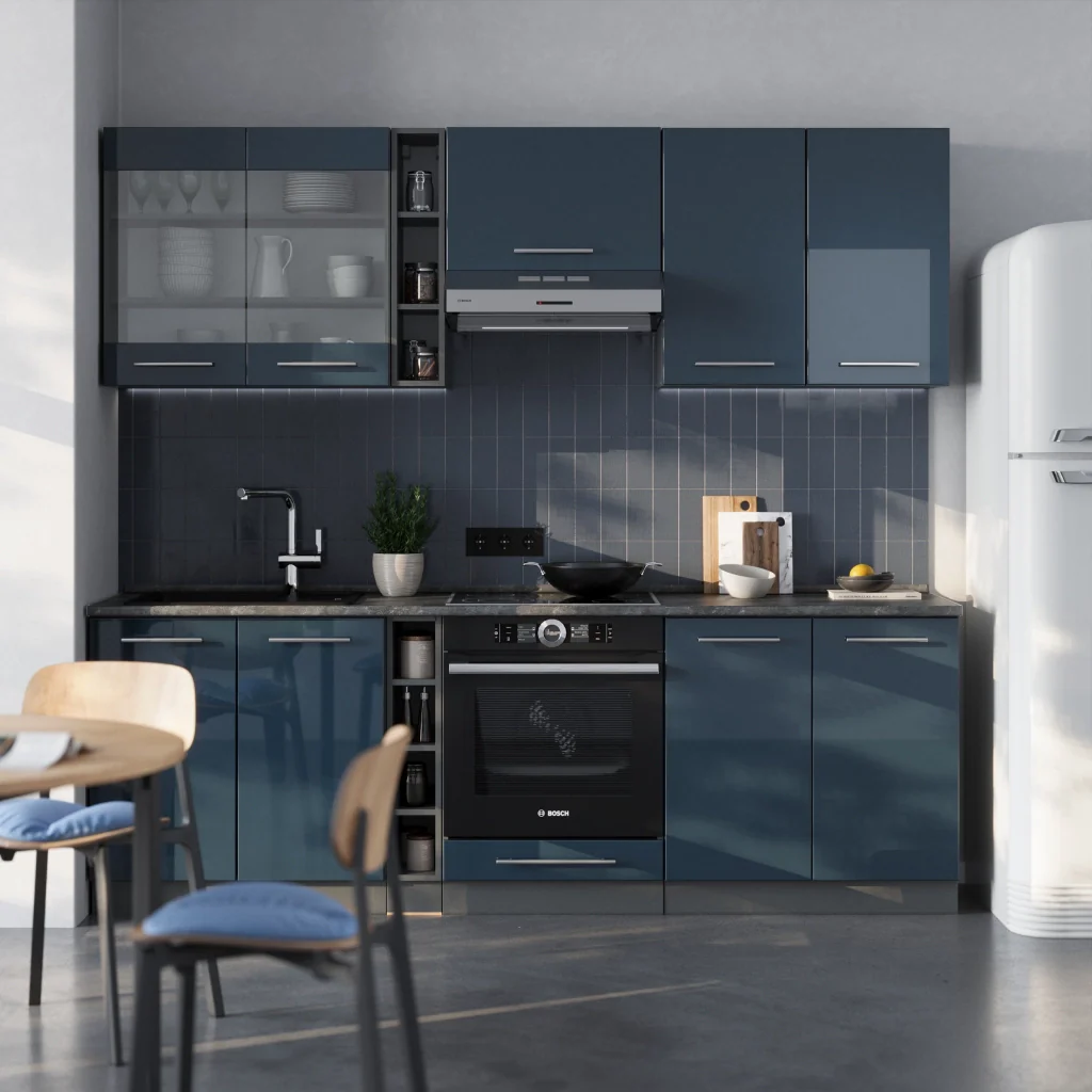 Cucina componibile Fame-Line Blu scuro lucido/Antracite 235 cm, PL Antracite Vicco - Image 4