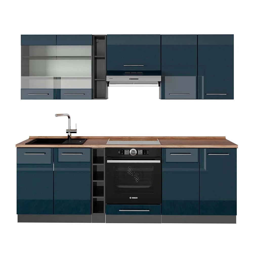 Cucina componibile Fame-Line Blu scuro lucido/Antracite 235 cm, PL Rovere Vicco