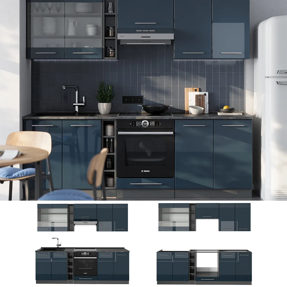 Cucina componibile Fame-Line Blu scuro lucido/Antracite 235 cm, PL Rovere Vicco - Image 2
