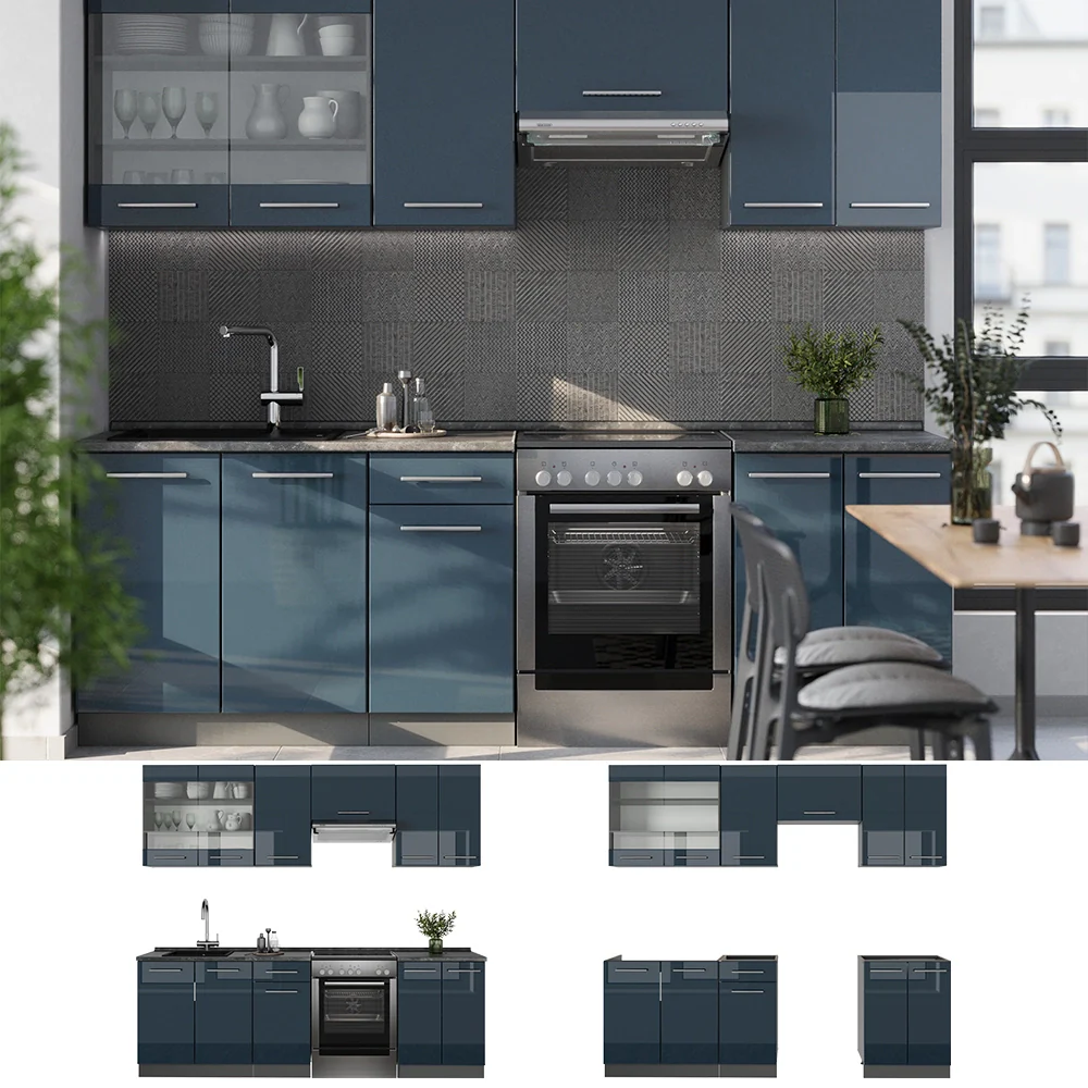 Cucina componibile Fame-Line Blu scuro lucido/Antracite 240 cm, PL Rovere Vicco - Image 2