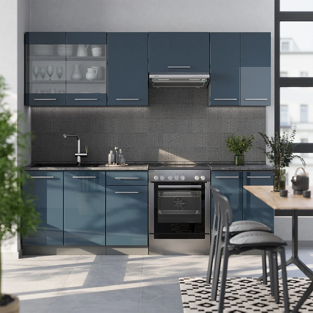 Cucina componibile Fame-Line Blu scuro lucido/Antracite 240 cm, PL Rovere Vicco - Image 4