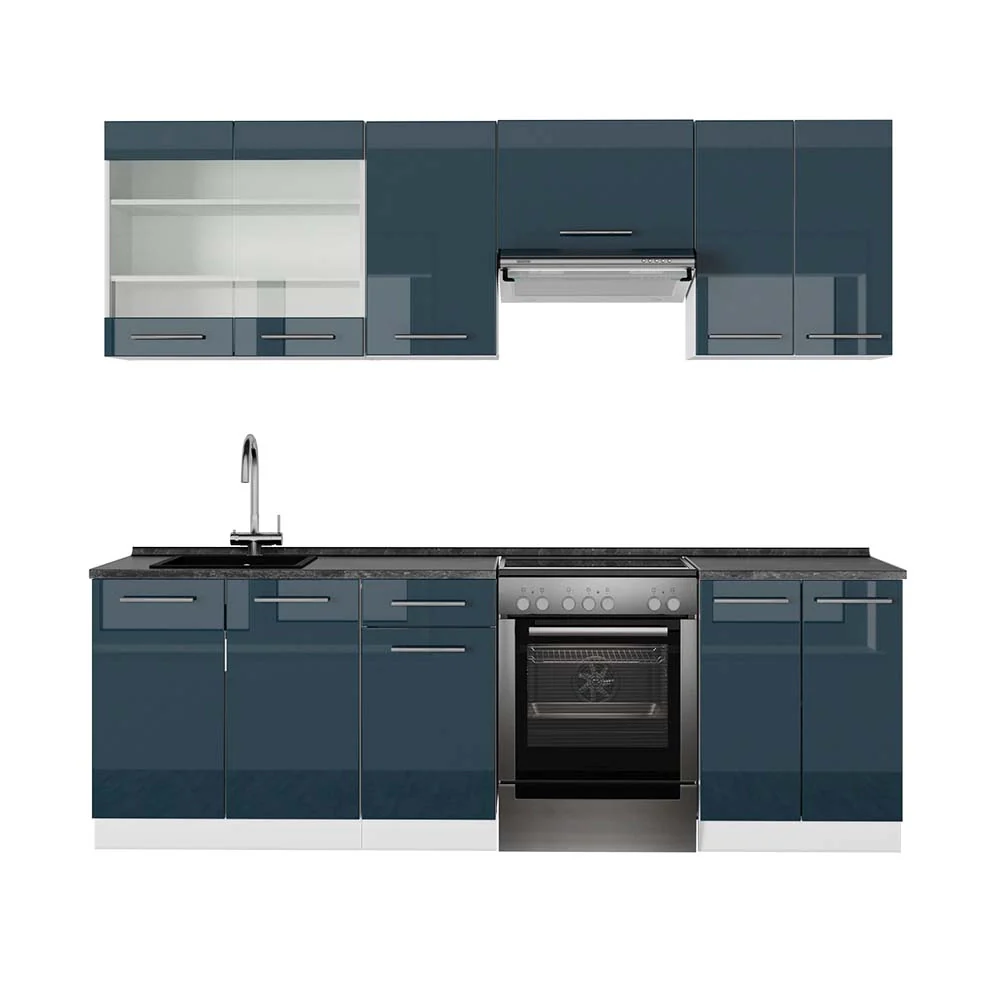 Cucina componibile Fame-Line Blu scuro lucido/Bianco 240 cm, PL Antracite Vicco