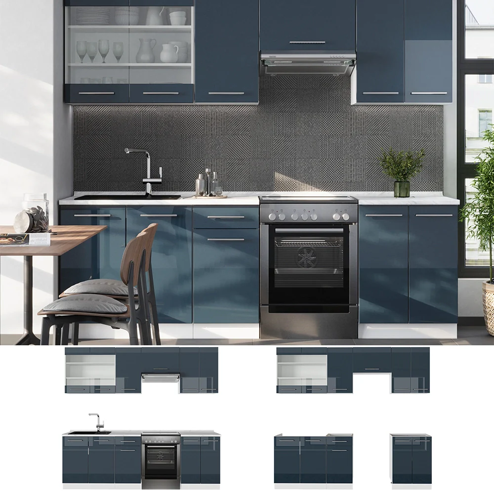 Cucina componibile Fame-Line Blu scuro lucido/Bianco 240 cm, PL Marmo Vicco - Image 2