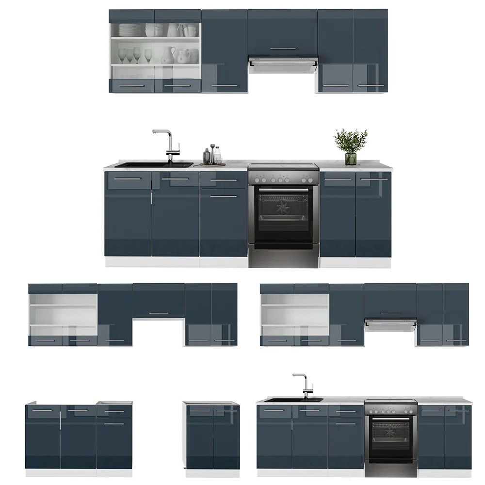 Cucina componibile Fame-Line Blu scuro lucido/Bianco 240 cm, PL Marmo Vicco - Image 6