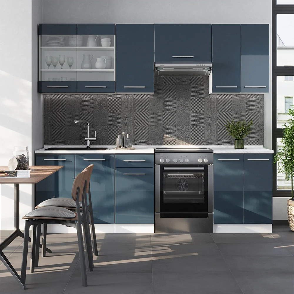 Cucina componibile Fame-Line Blu scuro lucido/Bianco 240 cm, PL Rovere Vicco - Image 4
