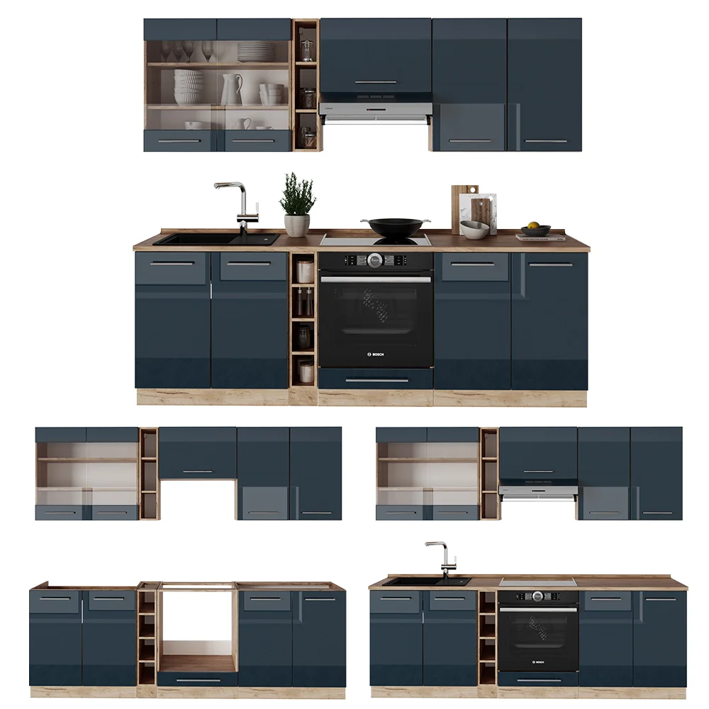 Cucina componibile Fame-Line Blu scuro lucido/Rovere dorato 235 cm, PL Antracite Vicco - Image 6
