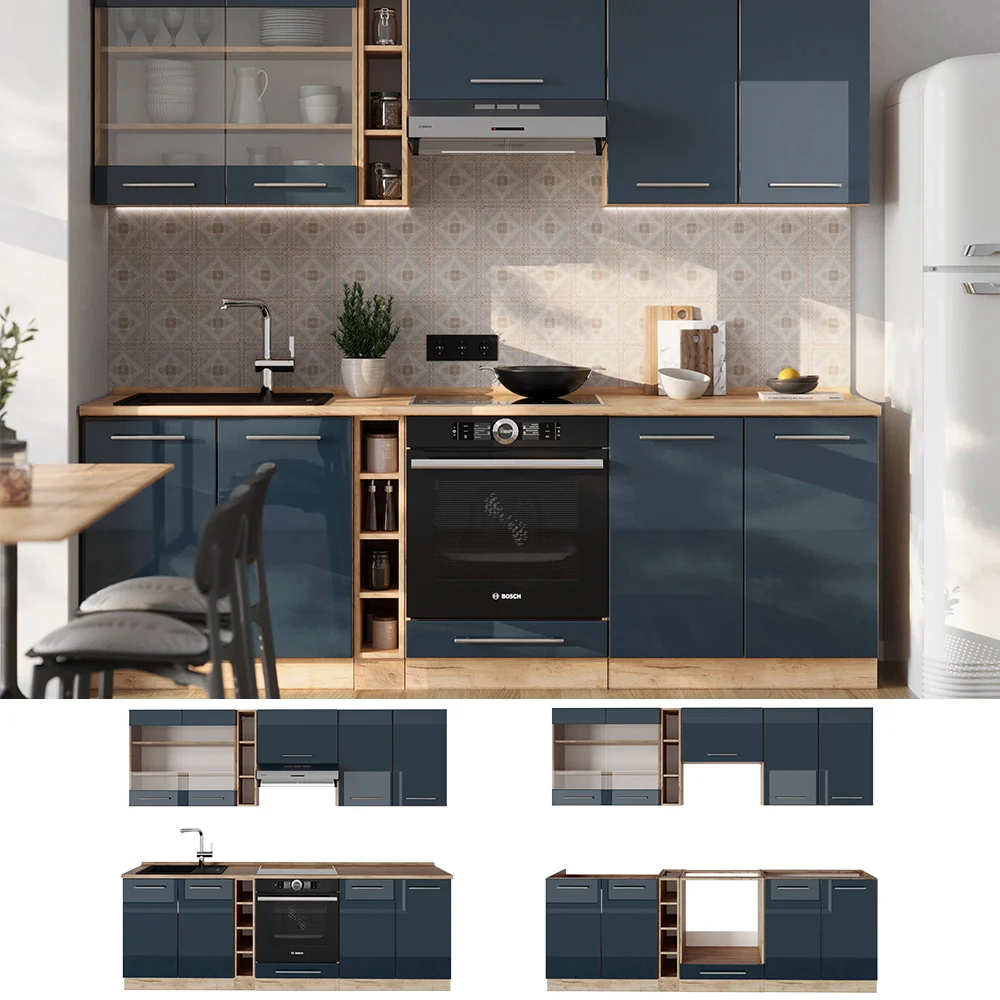 Cucina componibile Fame-Line Blu scuro lucido/Rovere dorato 235 cm, PL Marmo Vicco - Image 2