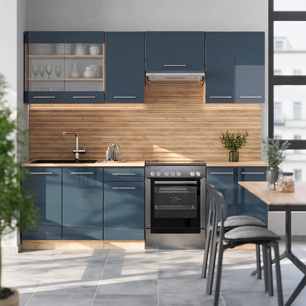 Cucina componibile Fame-Line Blu scuro lucido/Rovere dorato 240 cm, PL Antracite Vicco - Image 4