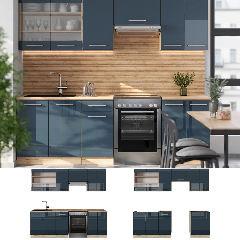 Cucina componibile Fame-Line Blu scuro lucido/Rovere dorato 240 cm, PL Marmo Vicco - Image 2