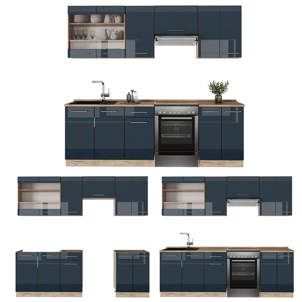 Cucina componibile Fame-Line Blu scuro lucido/Rovere dorato 240 cm, PL Marmo Vicco - Image 6