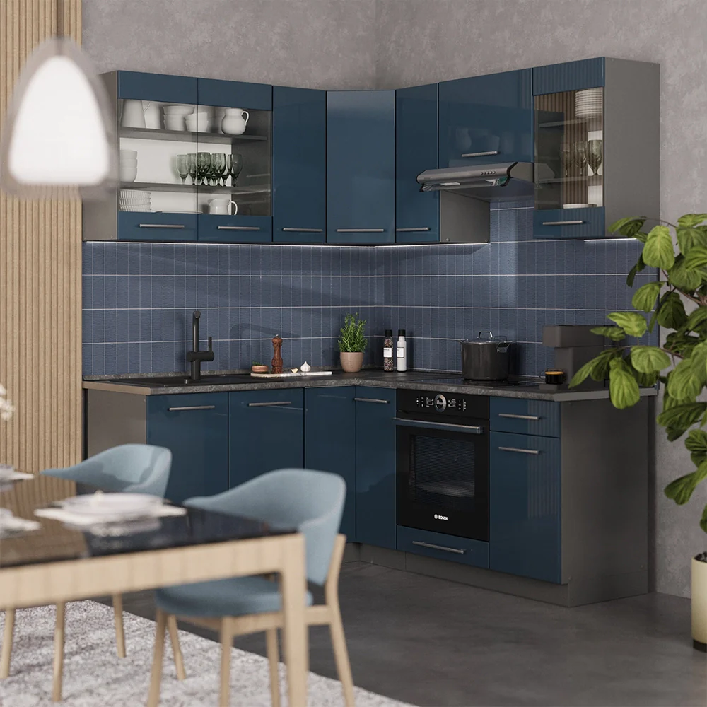 Mobili da cucina Fame-Line Blu scuro lucido/Antracite 190 x 46 cm senza piano di lavoro Vicco - Image 4