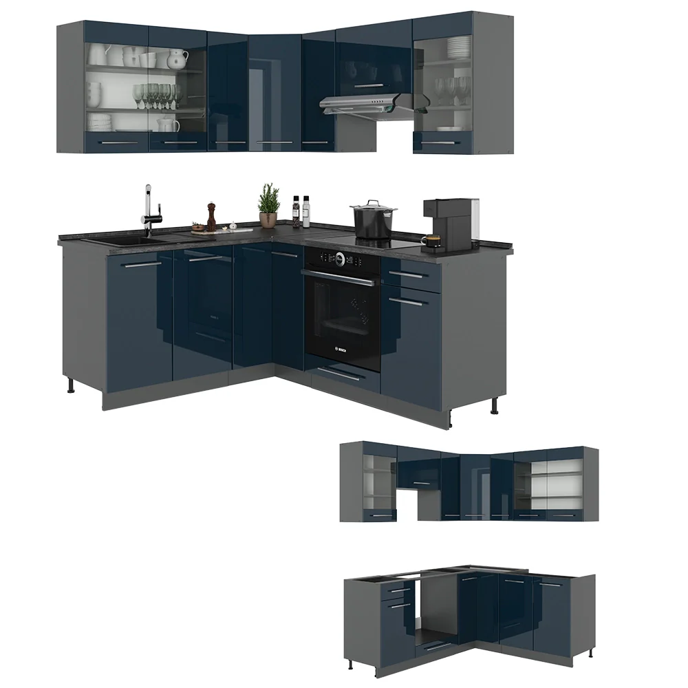 Mobili da cucina Fame-Line Blu scuro lucido/Antracite 190 x 46 cm senza piano di lavoro Vicco - Image 6