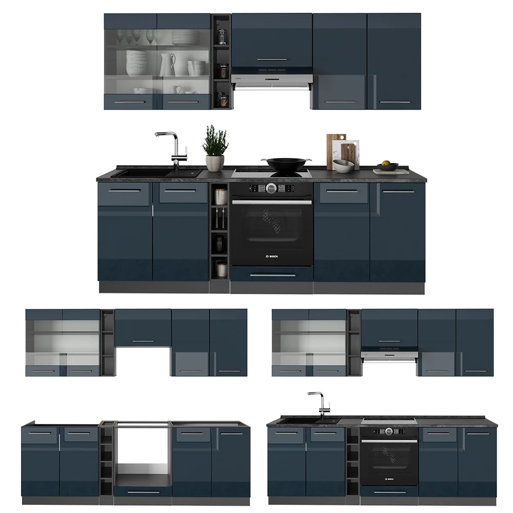 Mobili da cucina Fame-Line Blu scuro lucido/Antracite 235 cm senza piano di lavoro Vicco - Image 6