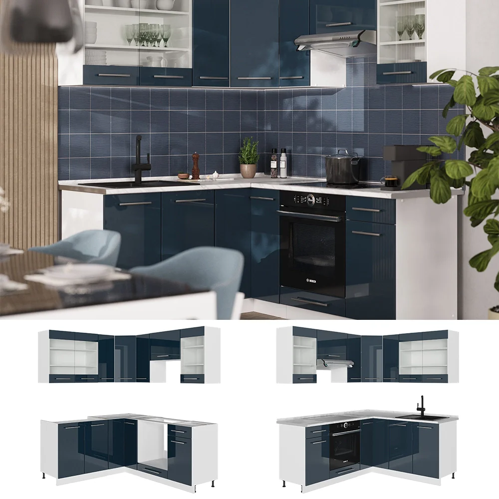Mobili da cucina Fame-Line Blu scuro lucido/Bianco 190 x 46 cm senza piano di lavoro Vicco - Image 2