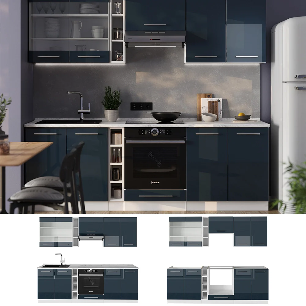 Mobili da cucina Fame-Line Blu scuro lucido/Bianco 235 cm, PL Rovere Vicco - Image 2