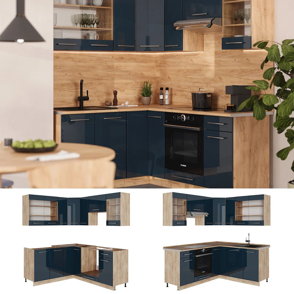 Mobili da cucina Fame-Line Blu scuro lucido/Rovere dorato 190 x 46 cm senza piano di lavoro Vicco - Image 2