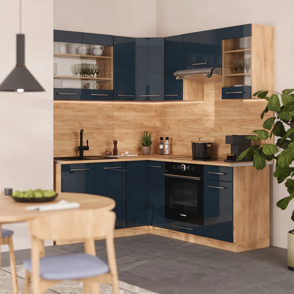 Mobili da cucina Fame-Line Blu scuro lucido/Rovere dorato 190 x 46 cm senza piano di lavoro Vicco - Image 4