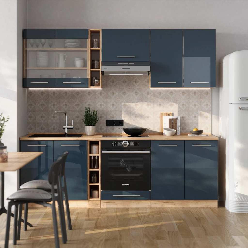 Mobili da cucina Fame-Line Blu scuro lucido/Rovere dorato 235 cm senza piano di lavoro Vicco - Image 4