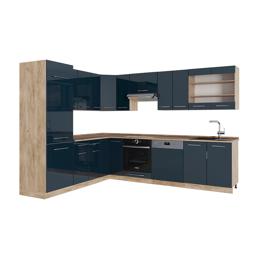 Mobili da cucina Fame-Line Blu scuro lucido/Rovere dorato 287 x 46 cm senza piano di lavoro Vicco