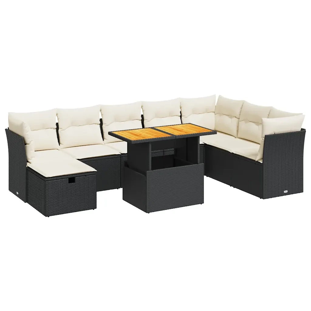 vidaXL Set Divani da Giardino 9 pz con Cuscini Nero Polyrattan Acacia - Image 2