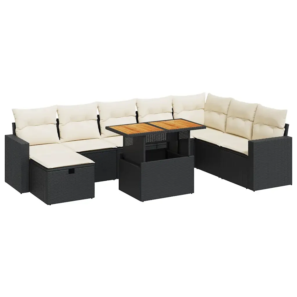 vidaXL Set Divani da Giardino 9 pz con Cuscini Nero Polyrattan Acacia - Image 2
